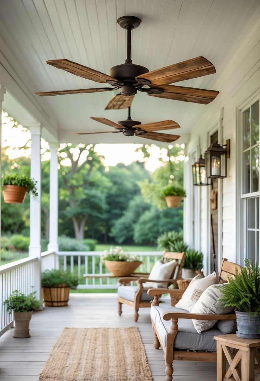 A farmhouse porch with a ceiling fan featuring rustic wood blades, surrounded by wooden railings and outdoor plants.
