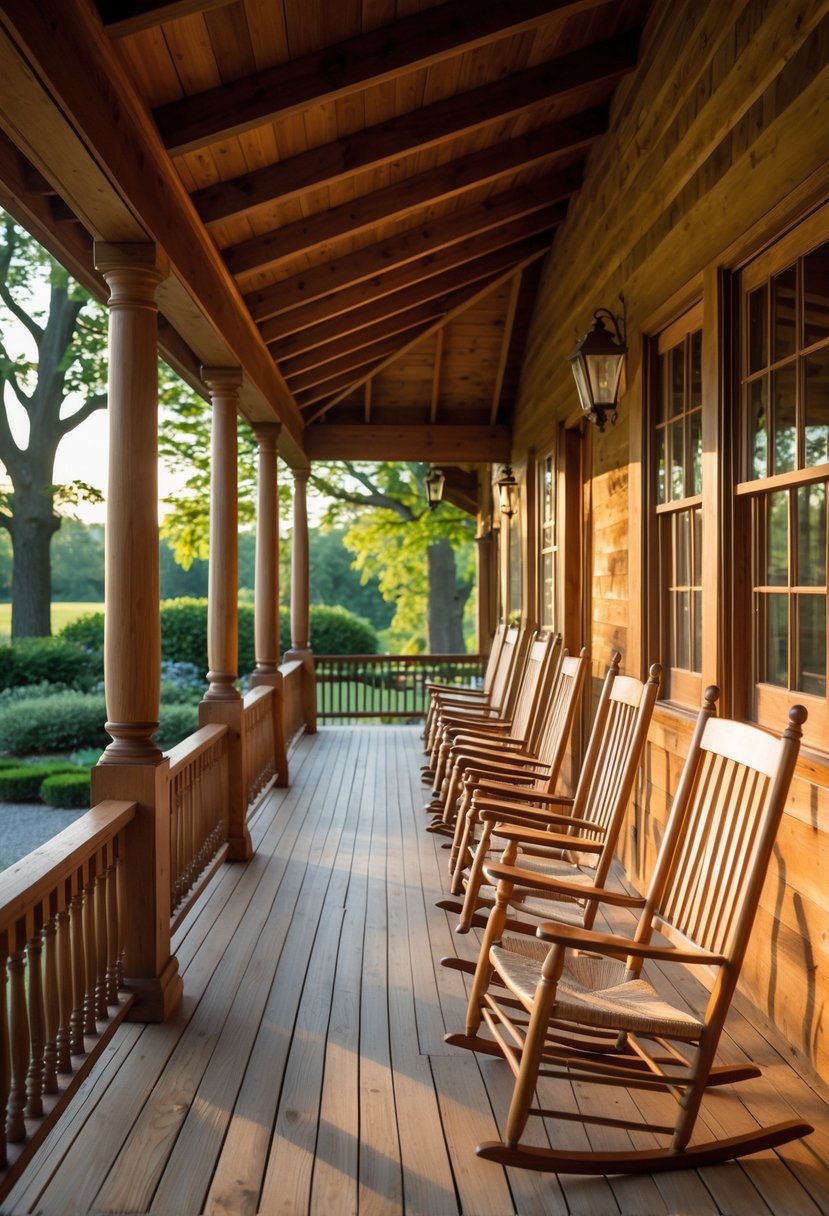 A wooden wraparound porch with several rocking chairs overlooking a garden.