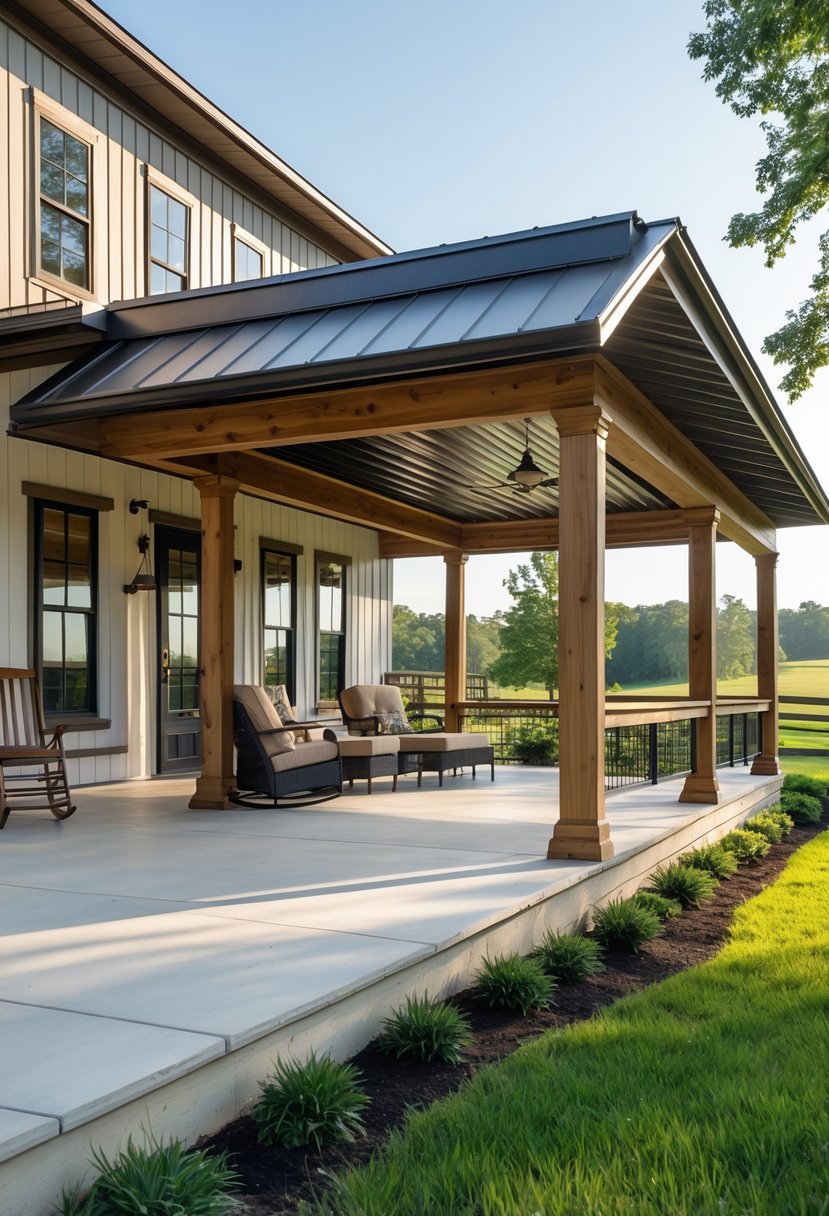 A farmhouse with a wraparound porch covered by a metal roof overhang surrounded by greenery.