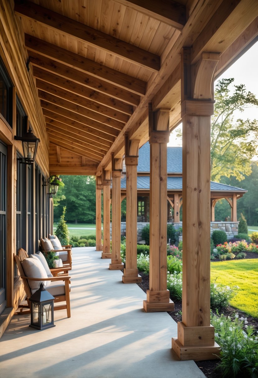 A wraparound porch with timber framed columns, comfortable seating, and surrounding garden greenery.
