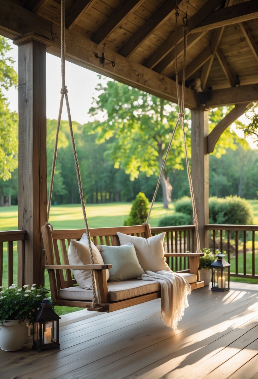 A wooden porch swing on a farmhouse wraparound porch overlooking a garden with trees.