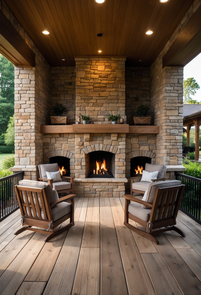 A spacious porch with built-in stone fireplaces, outdoor seating, and greenery in the background.