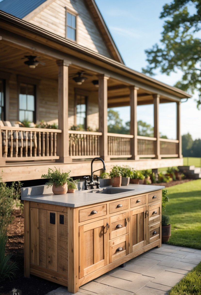 Outdoor wooden cabinetry next to a large porch wrapping around a farmhouse with garden and lawn in the background.