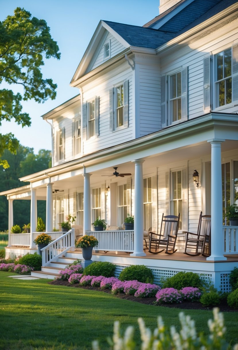 A farmhouse with multiple levels of wraparound porches surrounded by greenery and outdoor furniture.