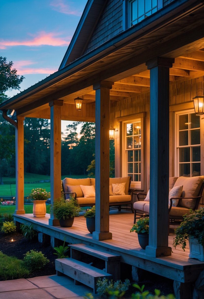 A farmhouse wraparound porch with wooden railings, seating, plants, and soft evening lighting under a twilight sky.