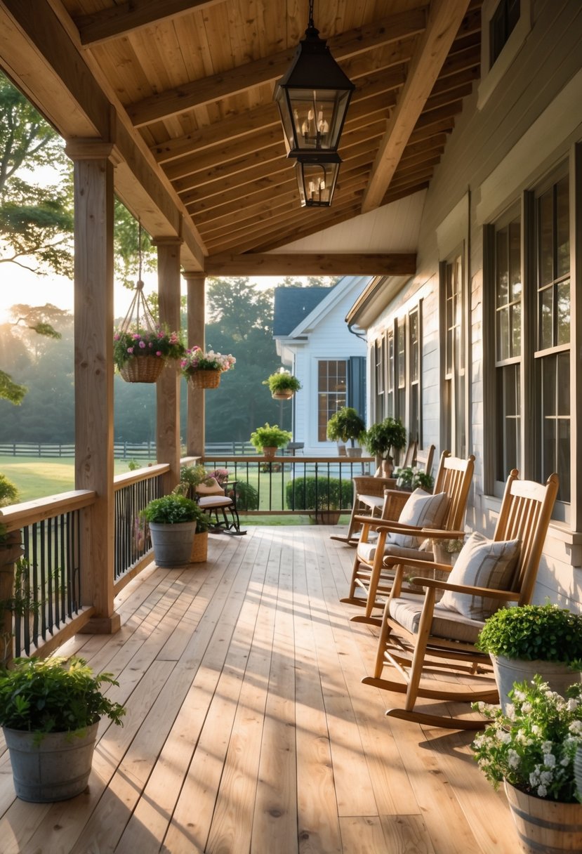 A spacious wraparound porch with natural wood flooring, comfortable seating, potted plants, and soft sunlight filtering through trees.