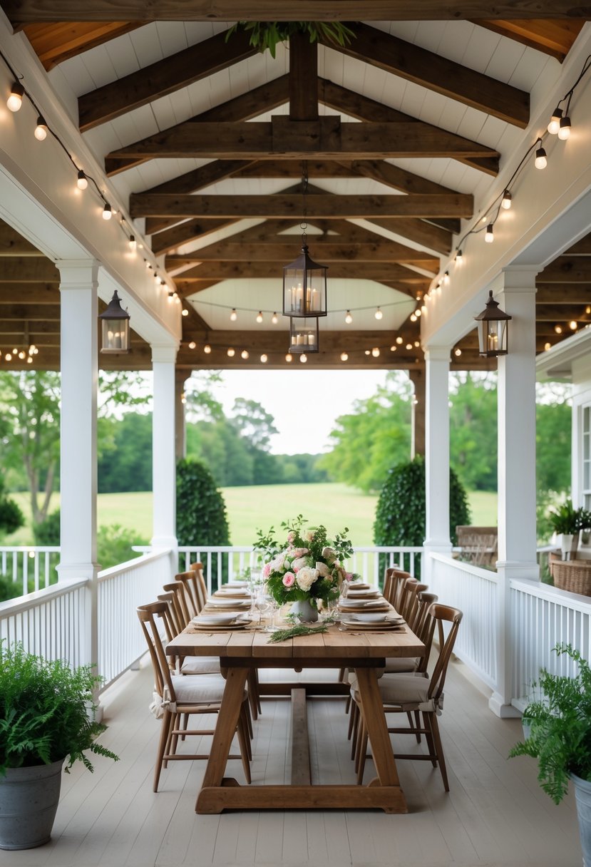 A spacious porch with a large wooden dining table and chairs set for a gathering, surrounded by plants and soft lighting.