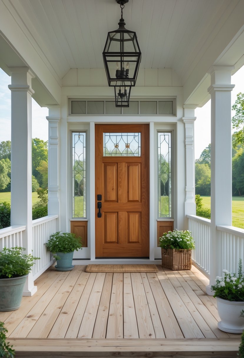Front door of a farmhouse with glass sidelights and a wraparound porch with wooden railings and plants.
