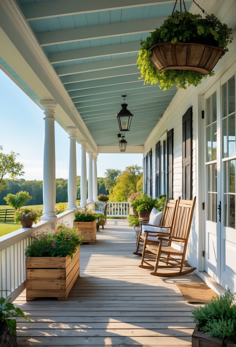 A wraparound porch with wooden planter boxes filled with flowers and outdoor seating on a sunny day.