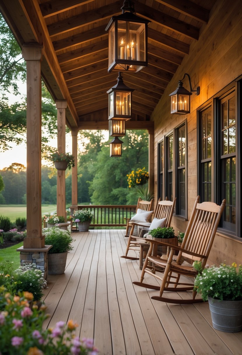 A spacious porch with wooden flooring and rustic lantern-style lights hanging from the ceiling, surrounded by plants and outdoor furniture.