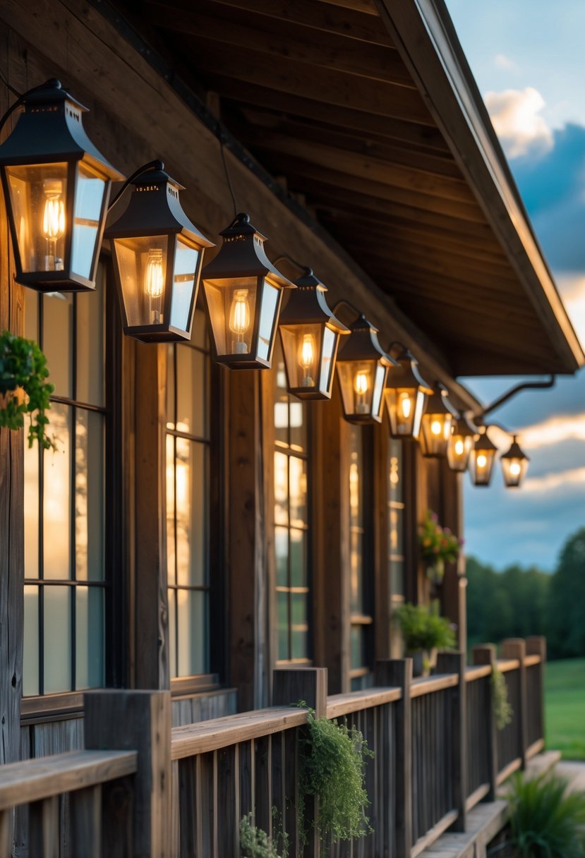 A farmhouse porch with fifteen evenly spaced lantern-style porch lights glowing warmly along the wooden railing during sunset.