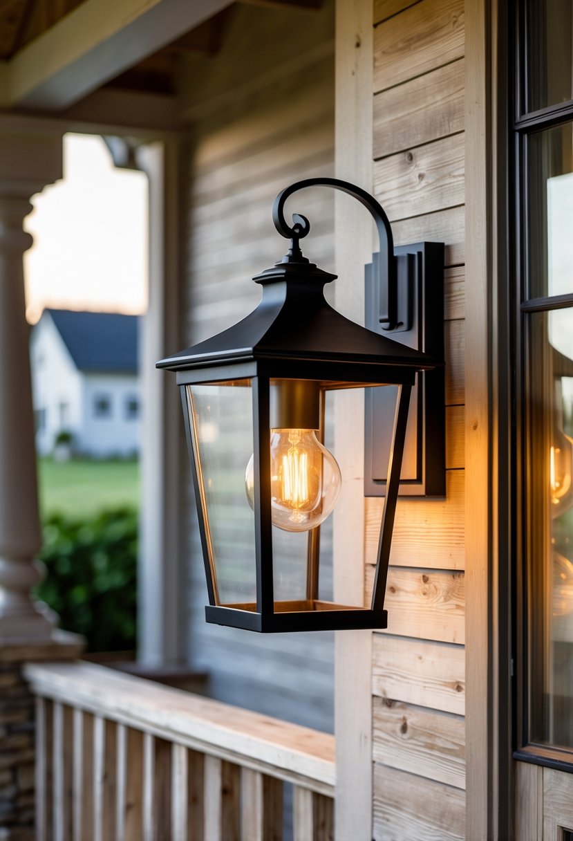 A single outdoor wall lantern mounted on a farmhouse porch wall, glowing warmly in the early evening.