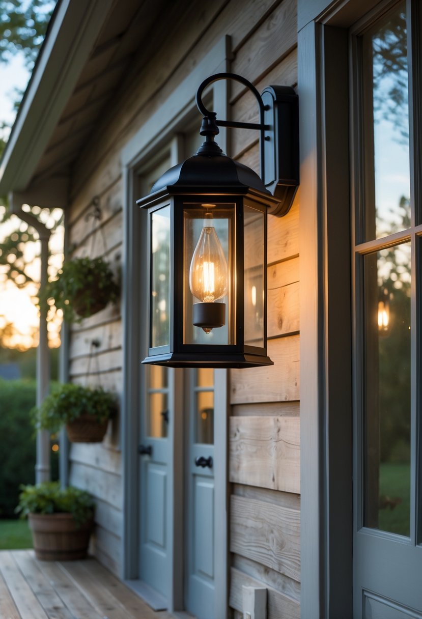 A single black metal wall lantern with a glowing light mounted on a wooden farmhouse porch wall near a door.