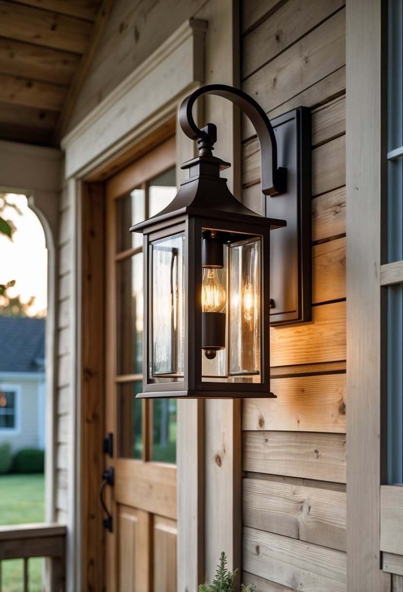 A farmhouse porch with a rustic wooden door and an outdoor wall light mounted beside it, softly illuminating the area.
