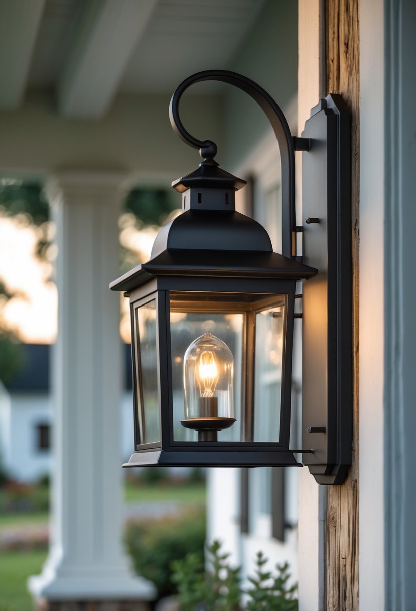 A black outdoor lantern mounted on a wooden porch post with a farmhouse exterior and greenery in the background.