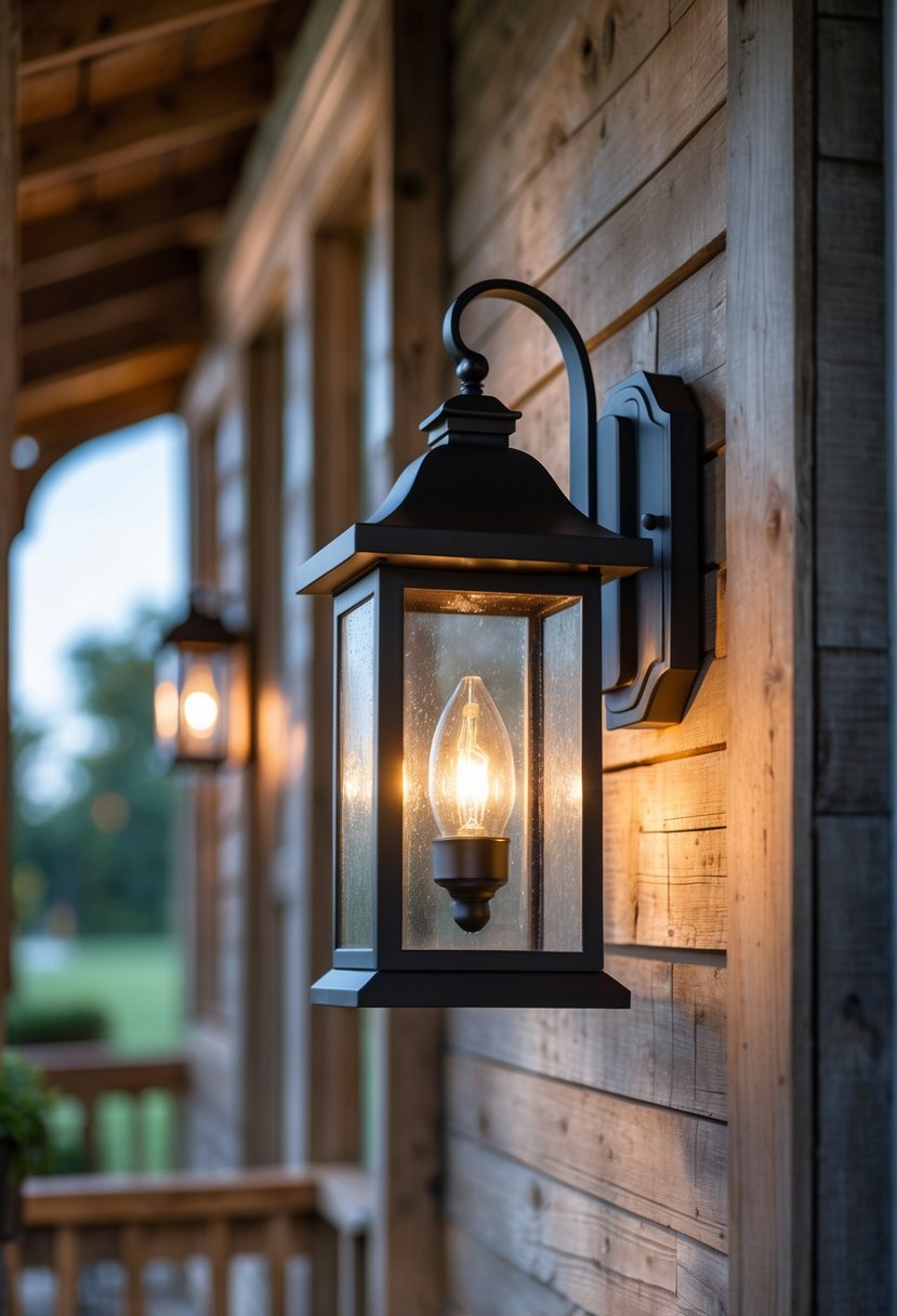 An outdoor wall light mounted on a wooden farmhouse porch wall, glowing warmly in the evening.