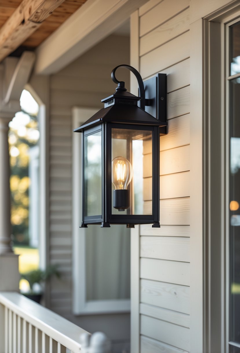 A single outdoor wall lantern mounted on the exterior wall of a farmhouse porch, glowing warmly in natural daylight.
