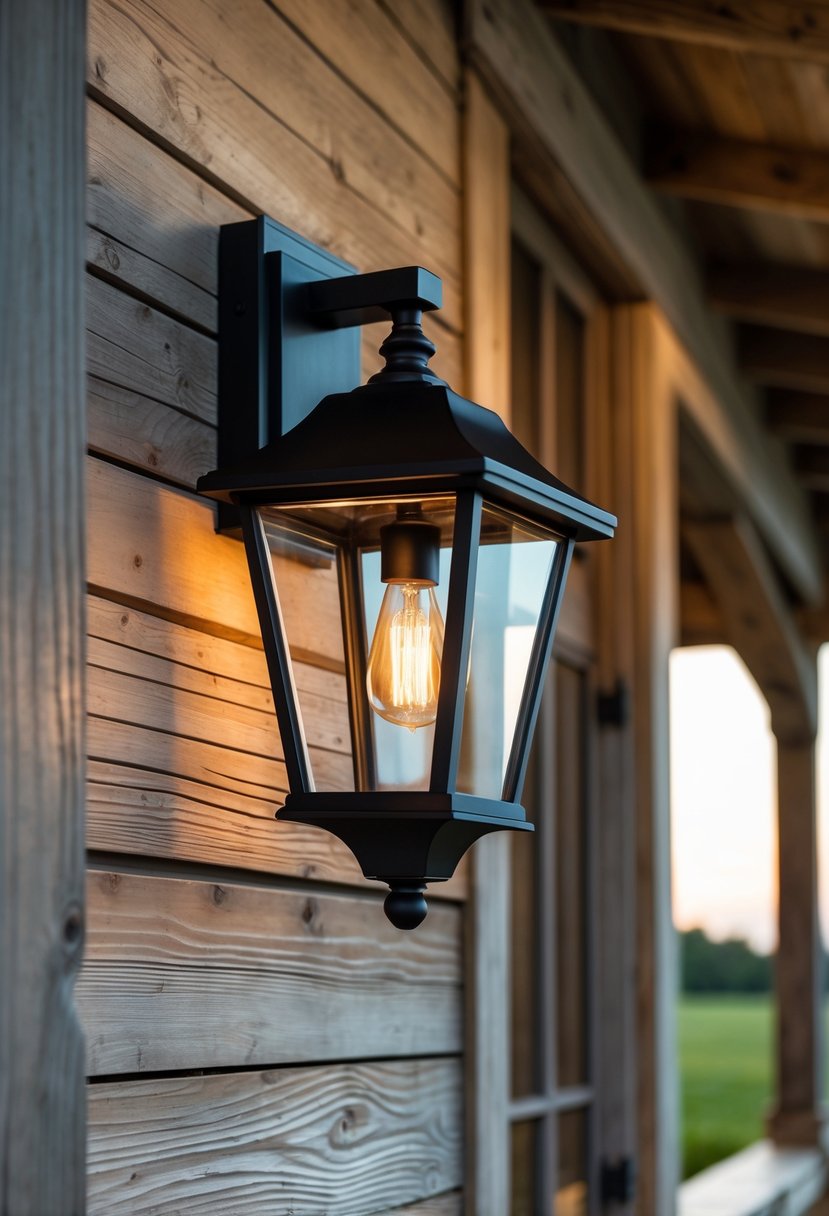 A black outdoor wall sconce mounted on a wooden farmhouse porch wall glowing warmly in early evening light.