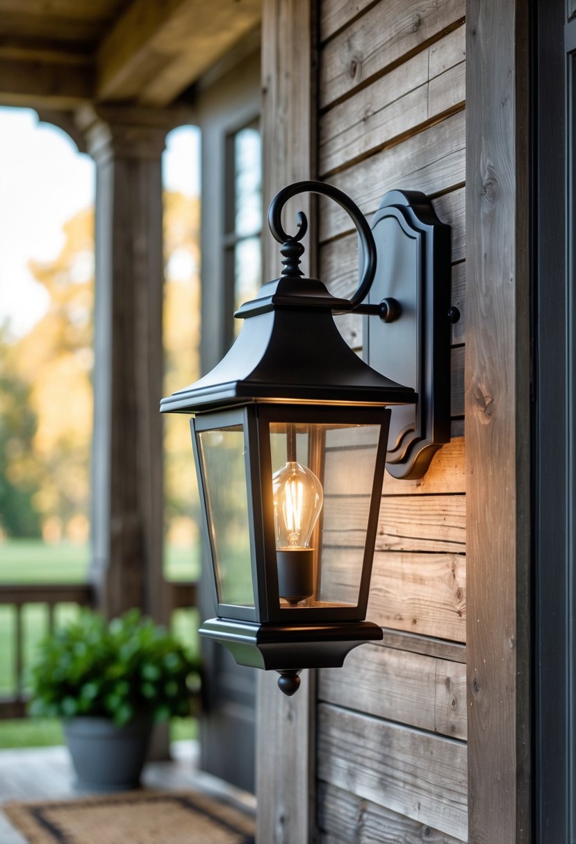 A single outdoor wall lantern mounted on a wooden porch wall next to a front door during daytime.