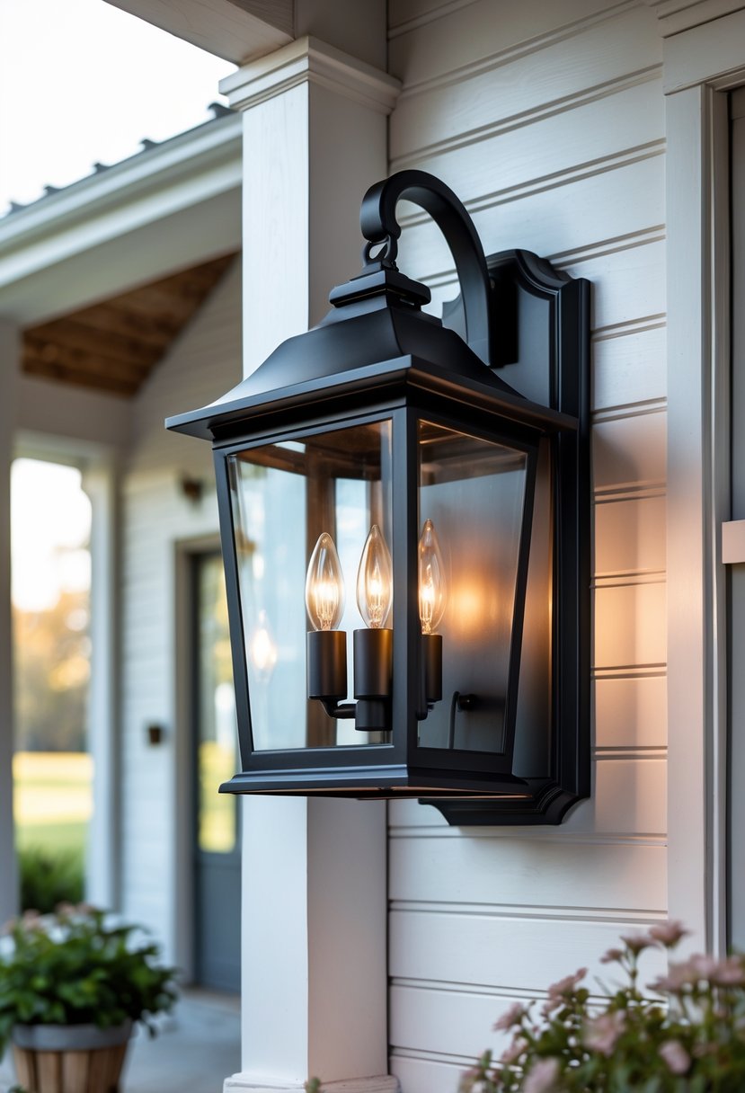 A black outdoor wall lantern mounted on a farmhouse porch wall, glowing warmly in daylight.