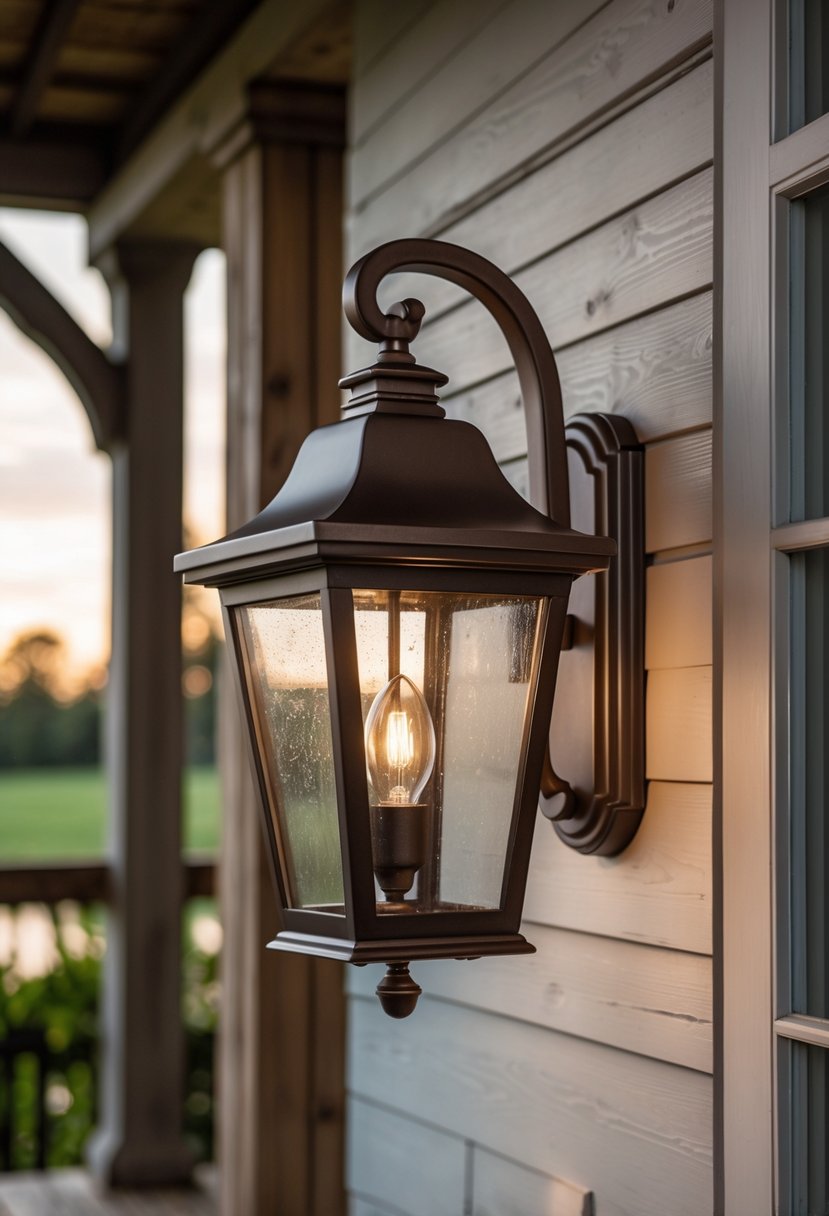 A lit outdoor wall lantern mounted on a farmhouse porch wall during early evening.