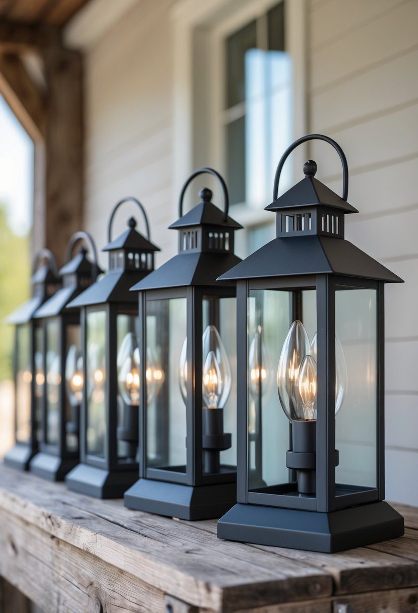 Fifteen black metal porch lanterns with clear glass panels arranged on a wooden surface.
