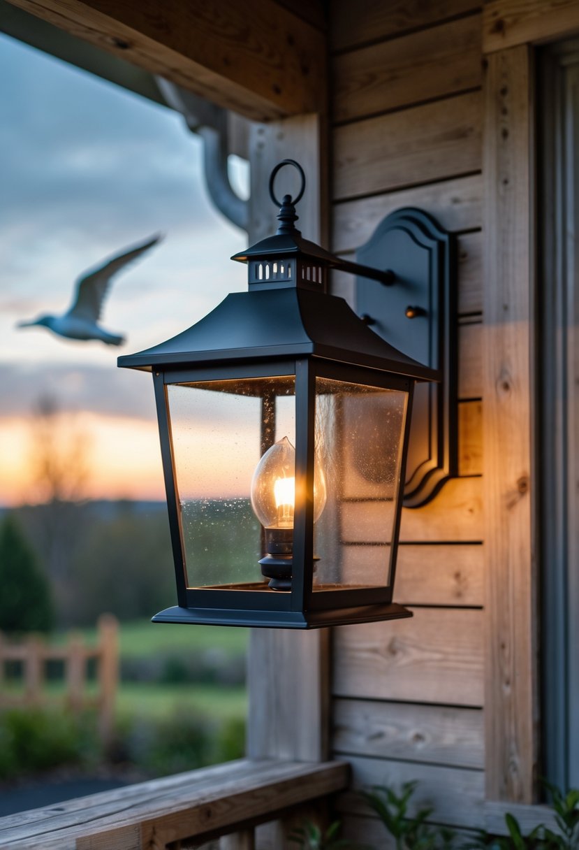 A single outdoor lantern mounted on a wooden farmhouse porch glowing with warm light during early evening.