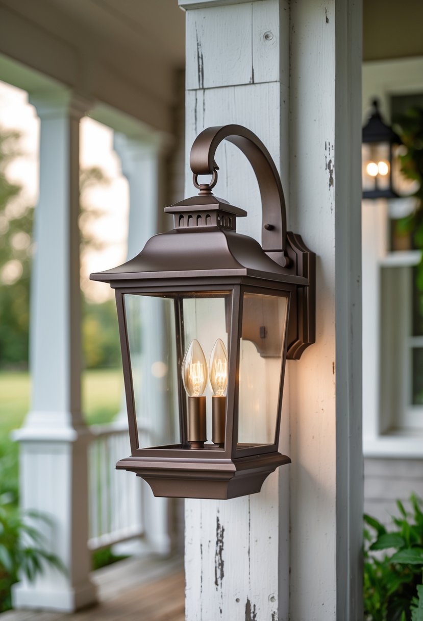 An outdoor lantern mounted on a farmhouse porch post with a warm glowing light inside.