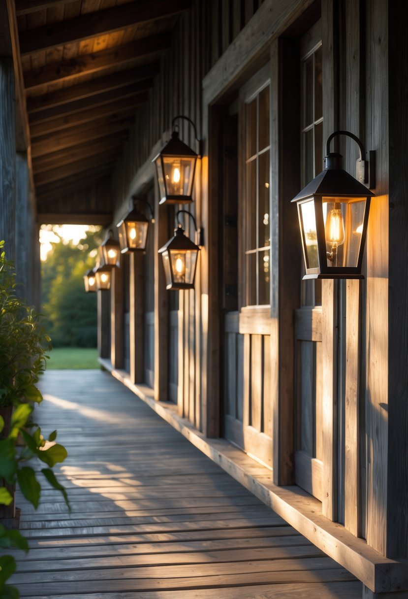 A farmhouse porch with 15 rustic porch lights glowing warmly along the wooden exterior during sunset.