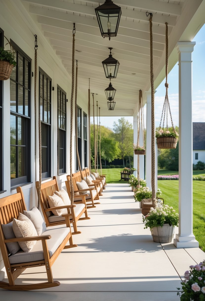 A farmhouse porch with seventeen wooden porch swings hanging along its length, surrounded by plants and sunlight.