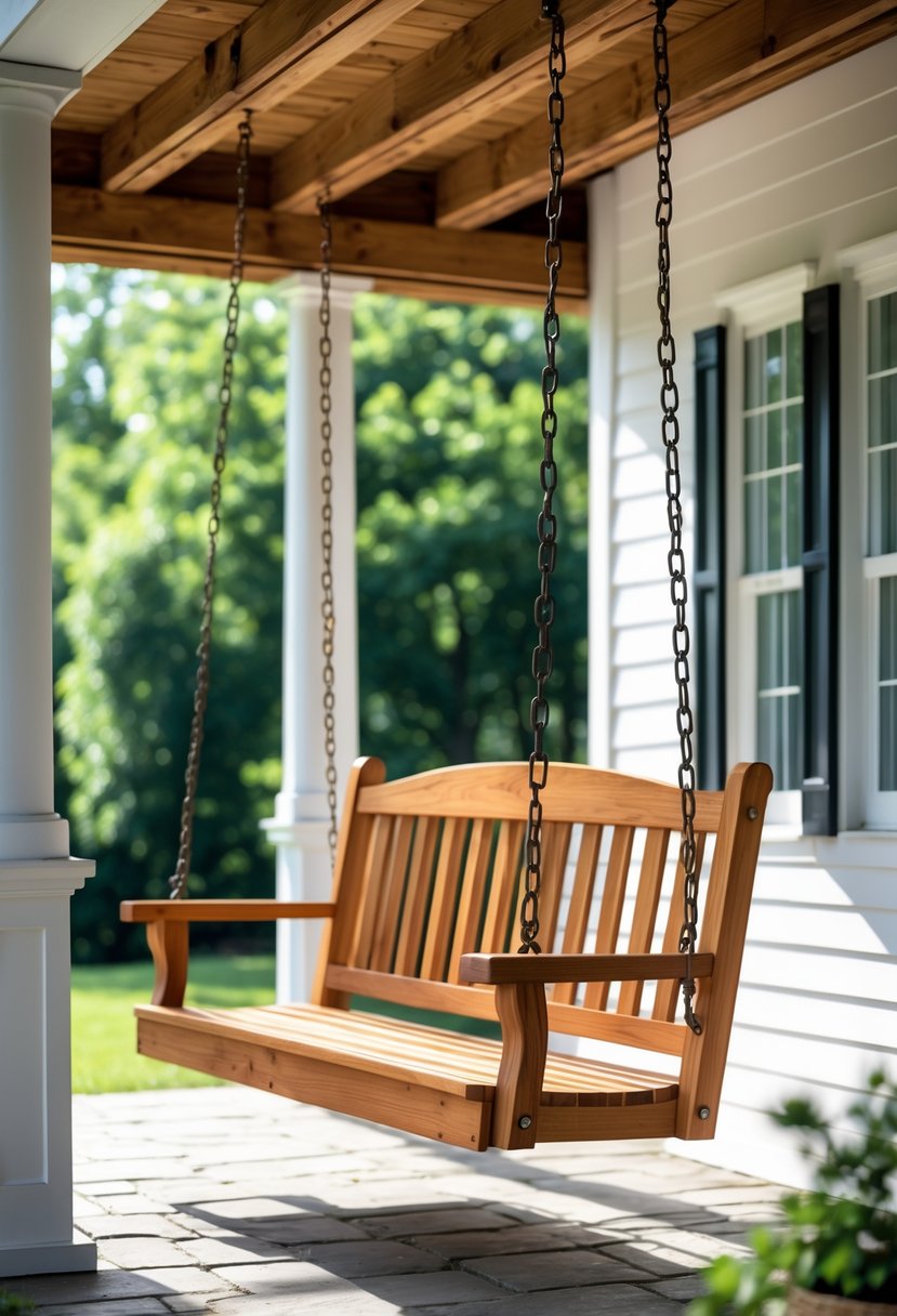A cedar wood porch swing bench hanging from a wooden porch ceiling in a backyard setting.