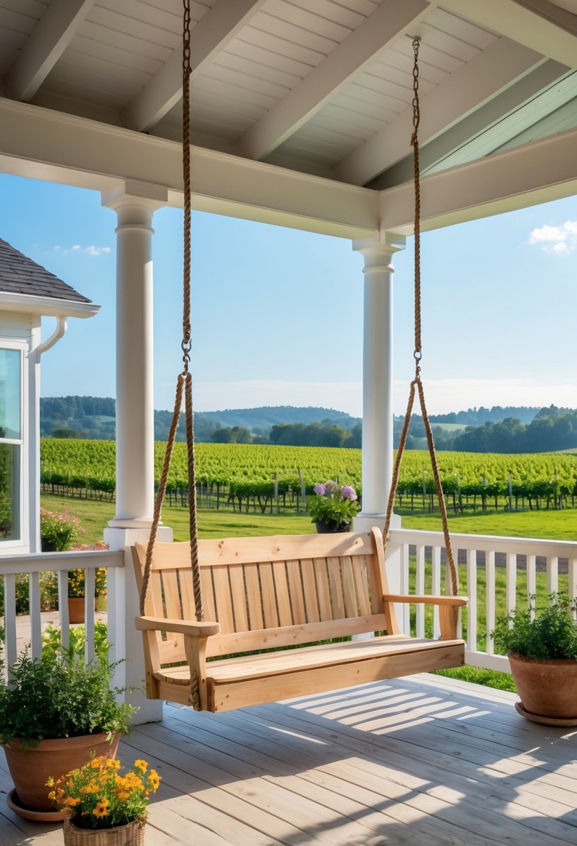Three-person wooden porch swing hanging on a farmhouse porch with plants and a vineyard landscape in the background.