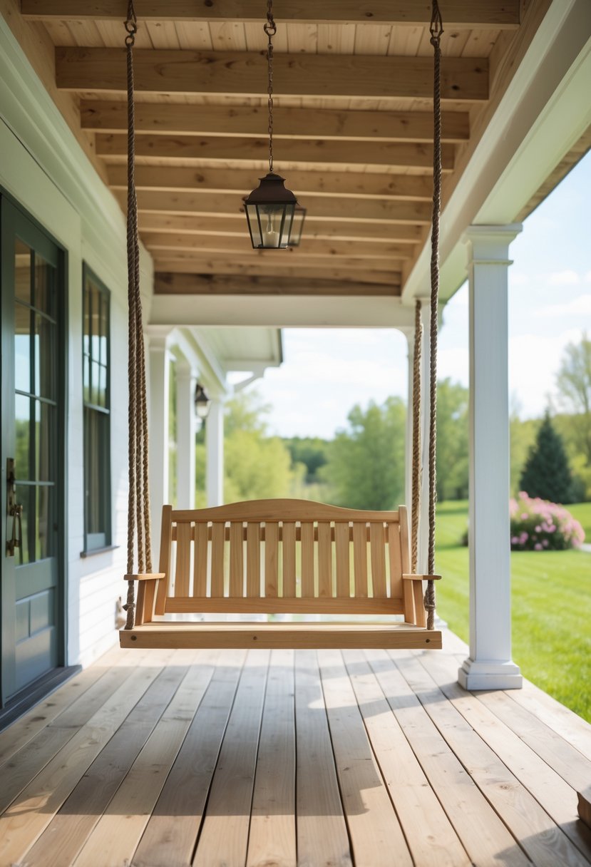 A wooden porch swing hanging on a farmhouse porch with a green lawn and plants in the background.
