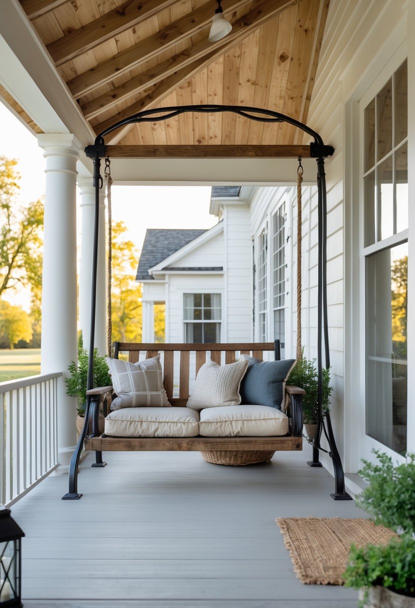 A porch with a metal frame swing hanging from the ceiling, surrounded by plants and outdoor decorations.