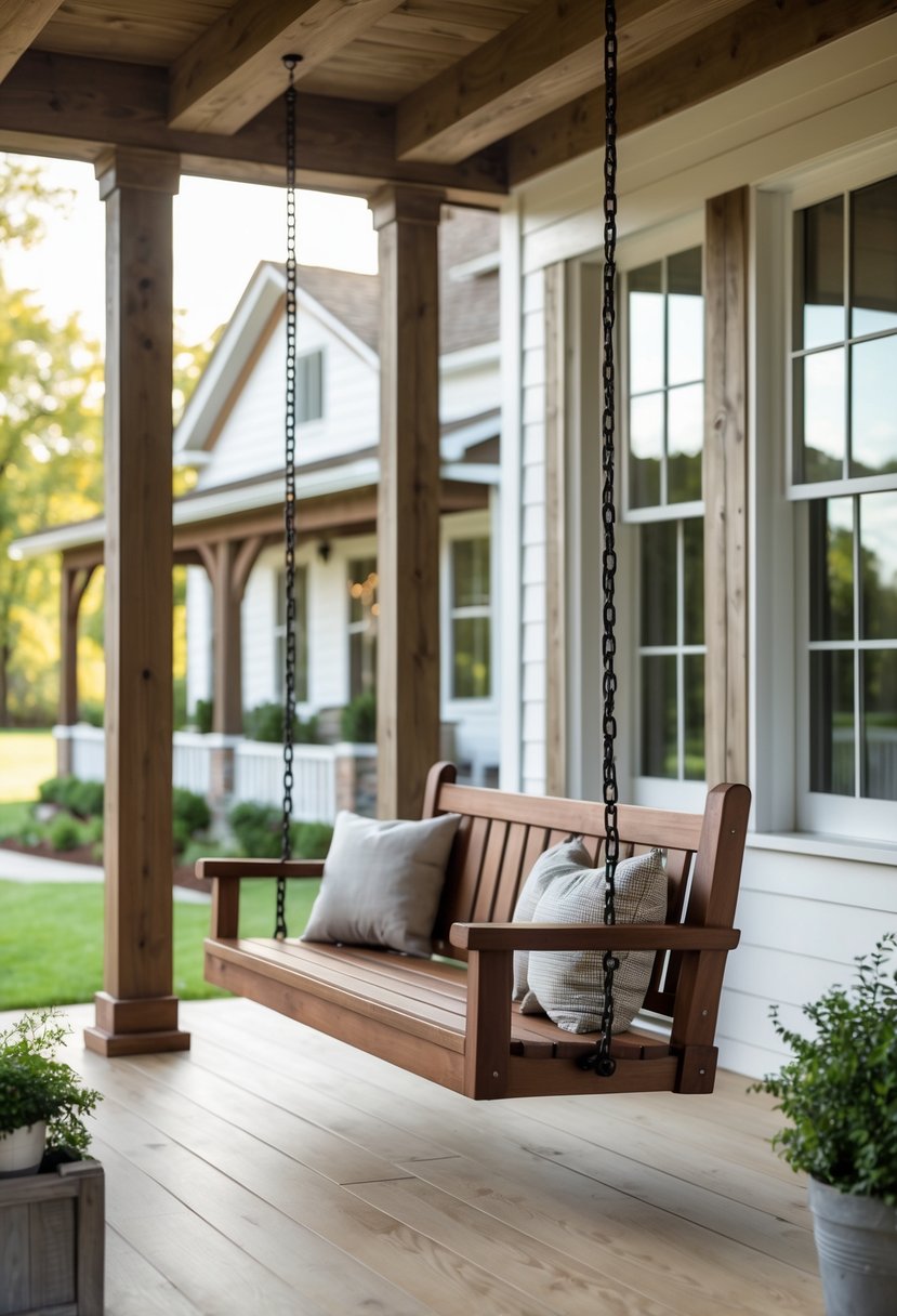 A brown wooden porch swing hanging on a farmhouse porch with plants and cushions, set against a white farmhouse exterior.