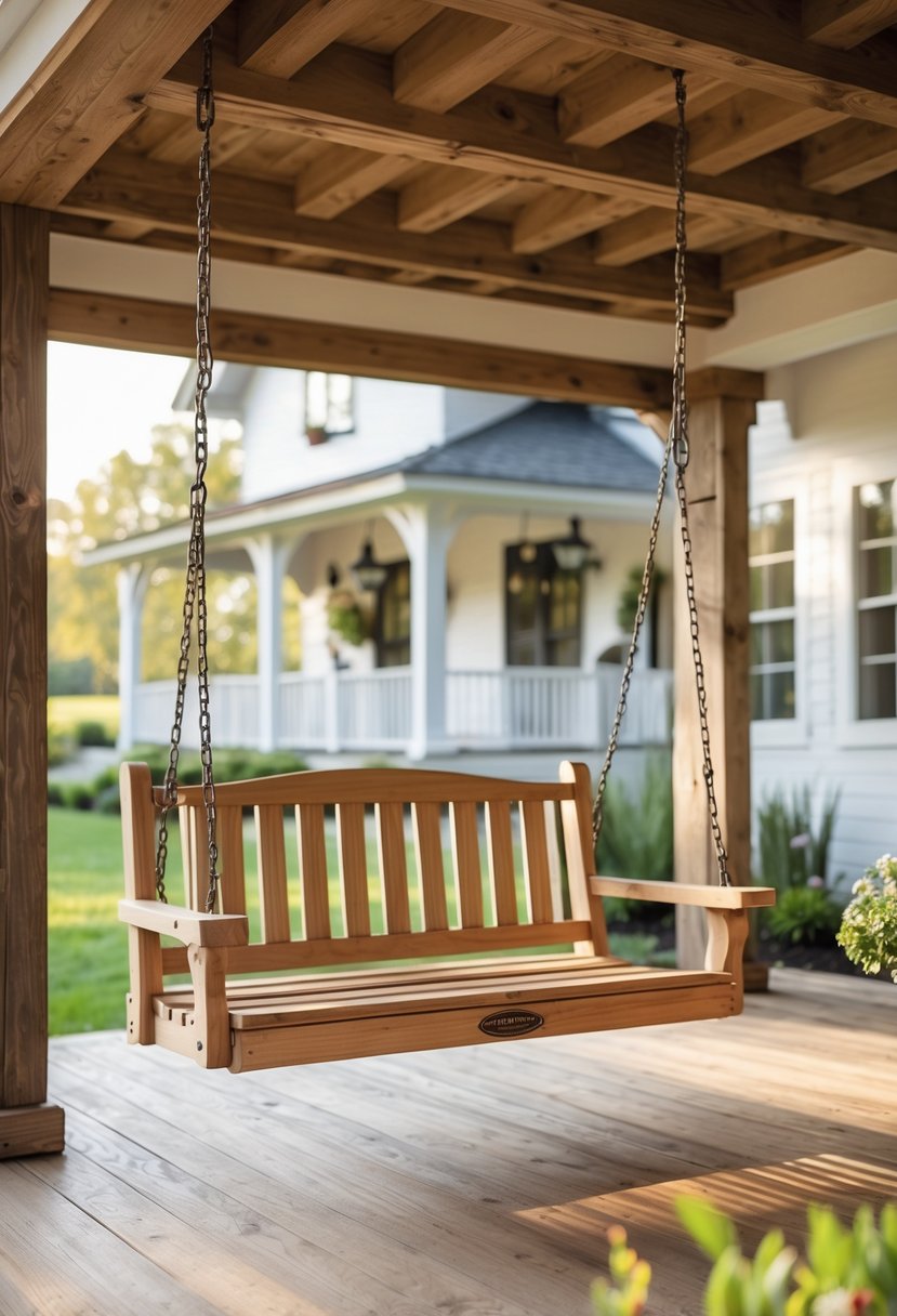 A light brown wooden porch swing hanging from a farmhouse porch with a wooden floor and white walls, overlooking a green backyard.