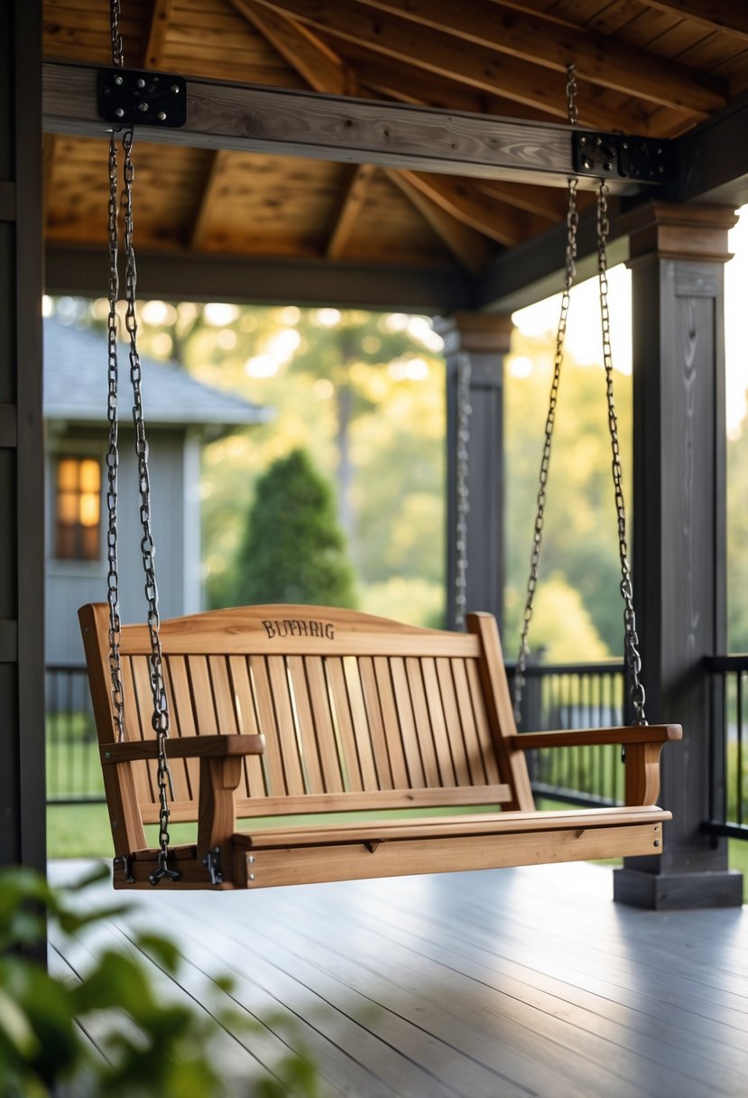 A sturdy wooden porch swing hanging on a spacious porch with natural surroundings.