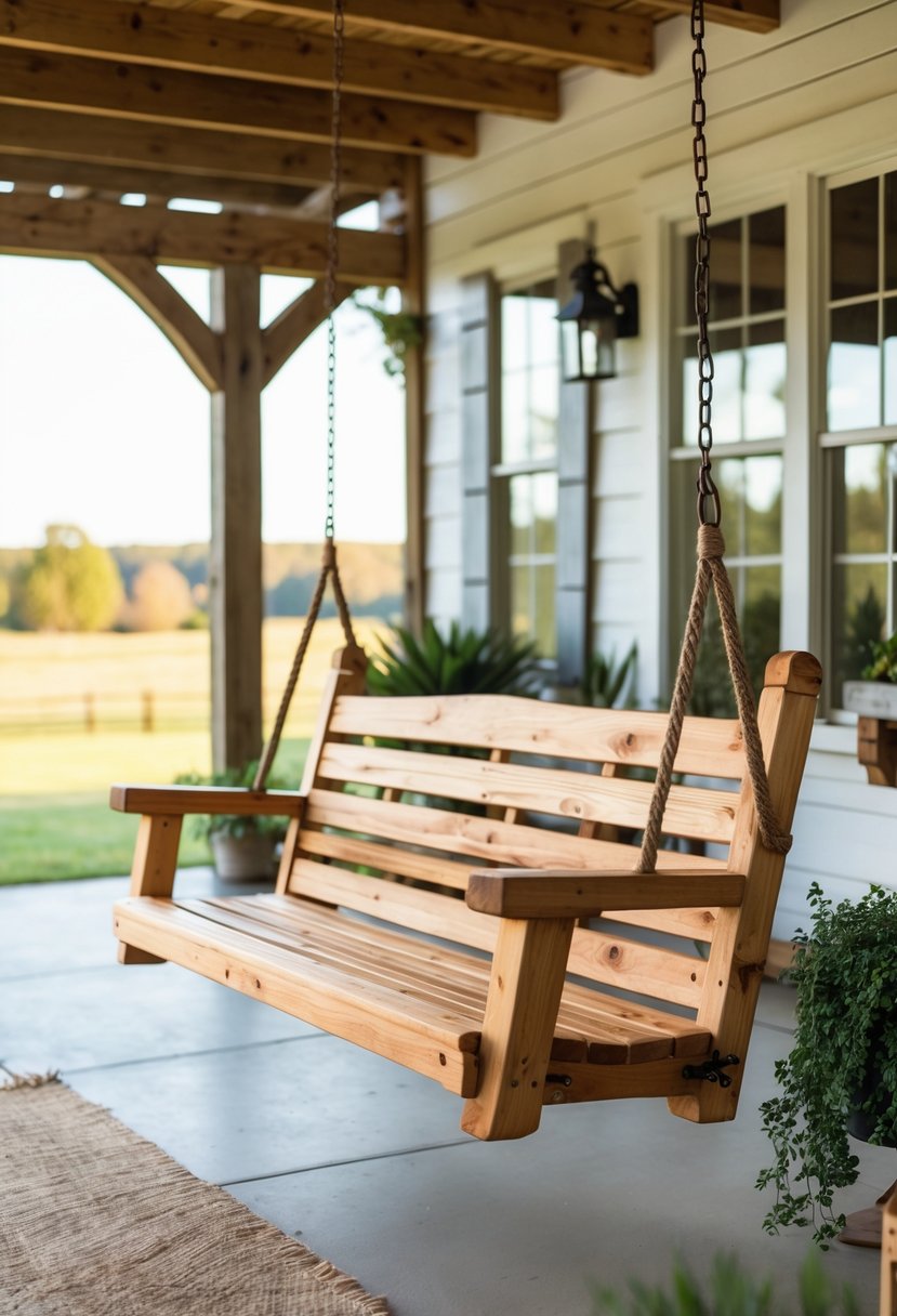 A wooden porch swing hanging on a farmhouse porch with plants and countryside in the background.