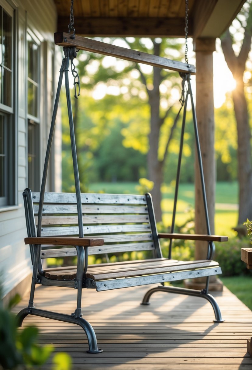 A galvanized metal frame porch swing on a wooden porch surrounded by greenery and sunlight.