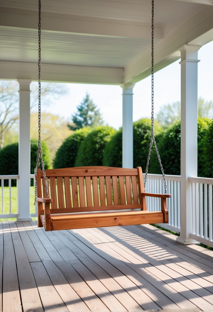 A cedar wood porch swing hanging on a farmhouse porch with white railings and a garden in the background.
