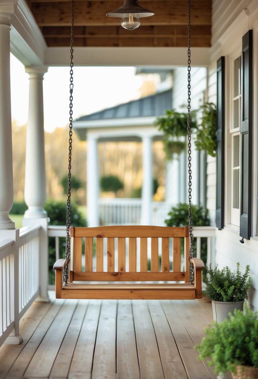 Two-person wooden porch swing hanging on a farmhouse porch with white railings and plants.