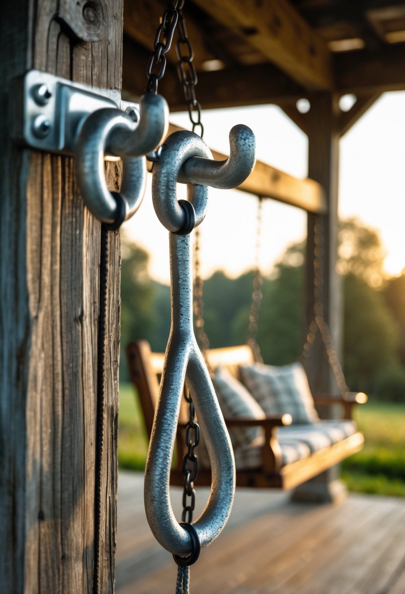 Two metal swing hooks attached to wooden beams holding two farmhouse porch swings on a rustic porch.