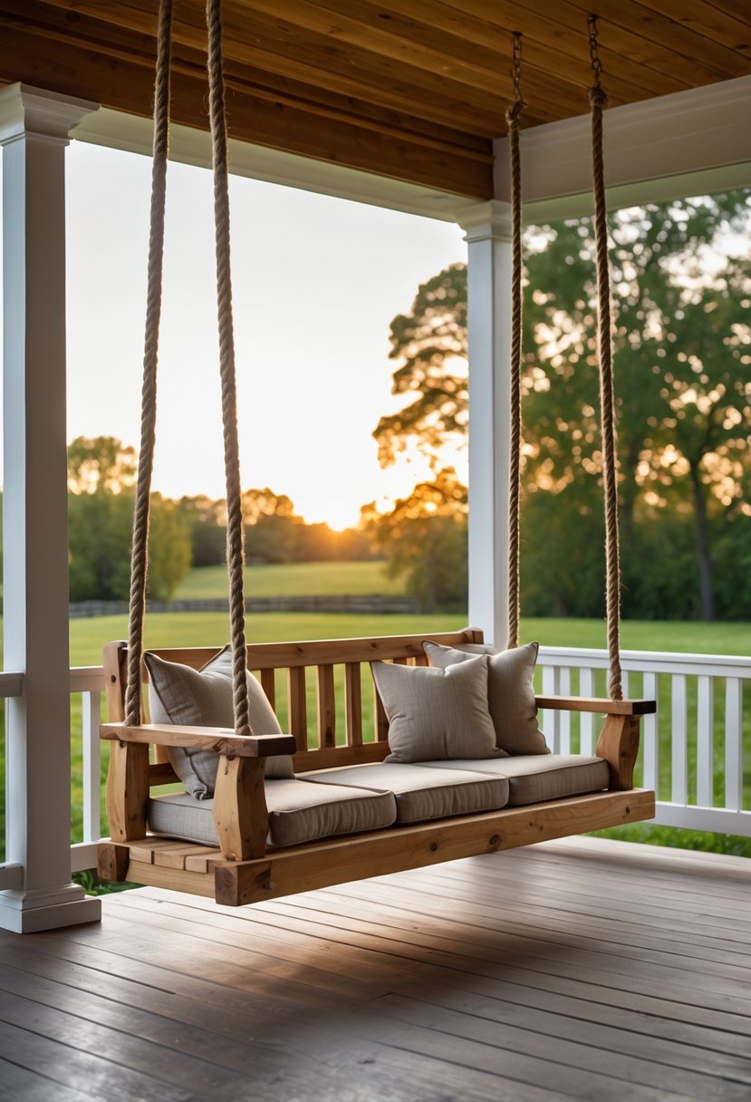 A wooden roll back porch swing hanging on a farmhouse porch with cushions and a rural landscape in the background.