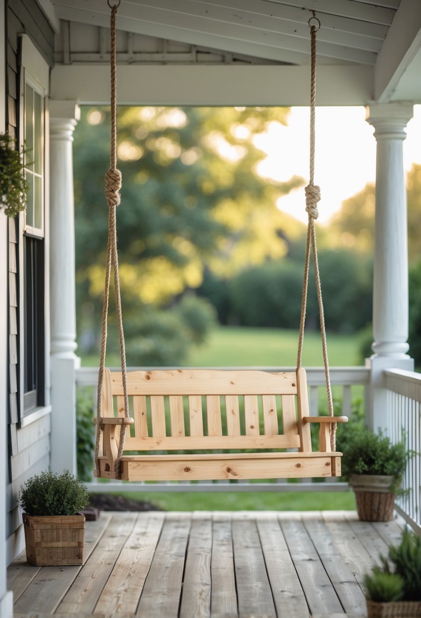 A wooden porch swing hanging on a farmhouse porch with plants and greenery in the background.