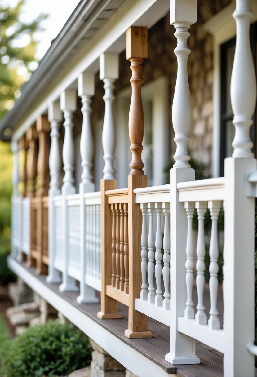 Thirteen different farmhouse porch railings displayed outdoors in front of a farmhouse.