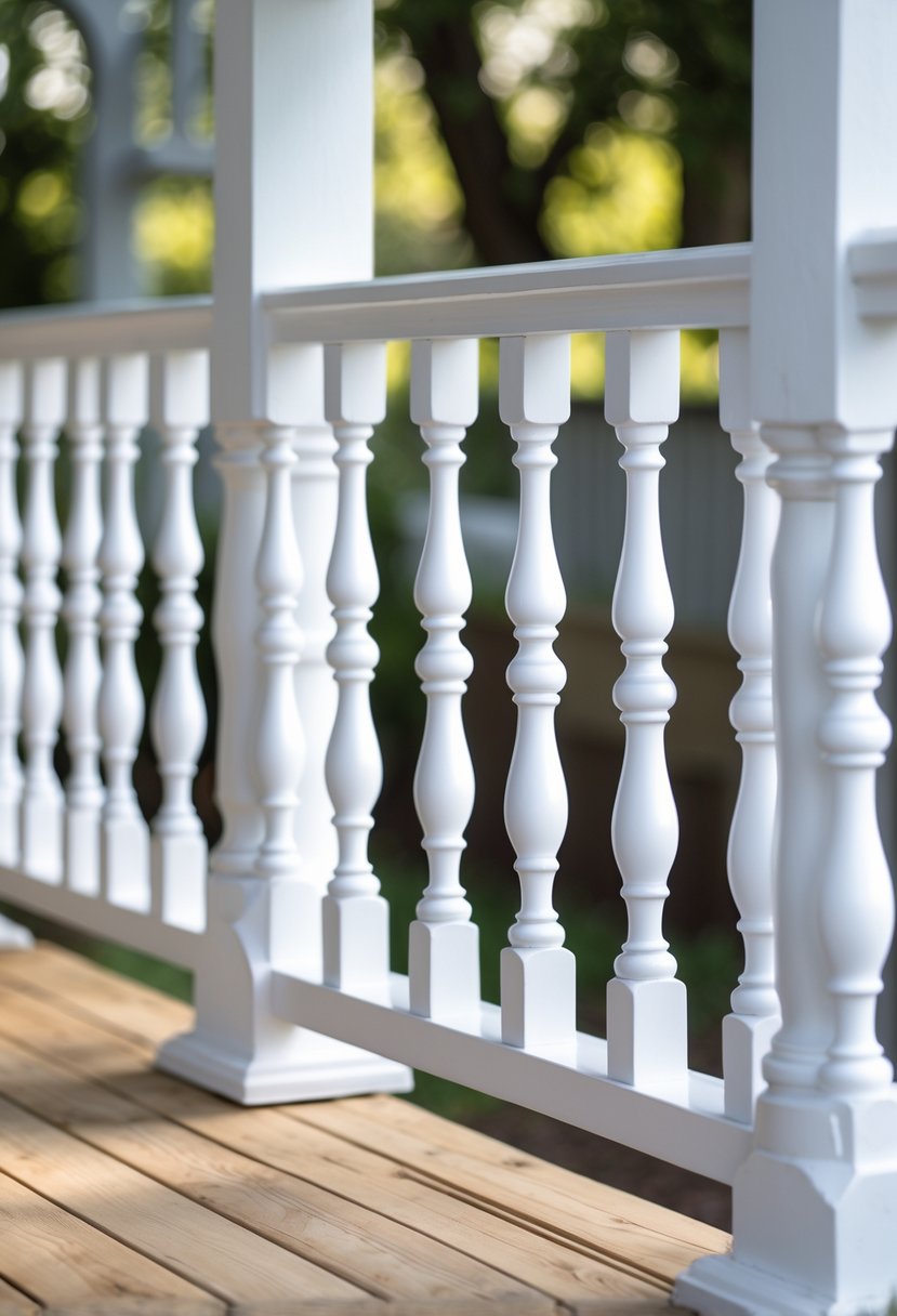 A white vertical spindle railing on a farmhouse porch with thirteen spindles and a wooden floor.