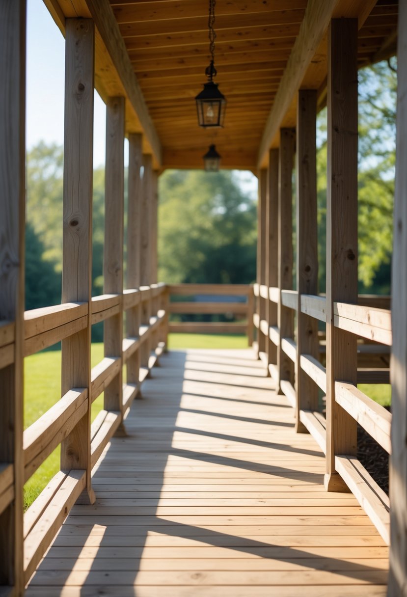 A farmhouse porch with thirteen horizontal wooden railings and a wooden floor, surrounded by greenery.