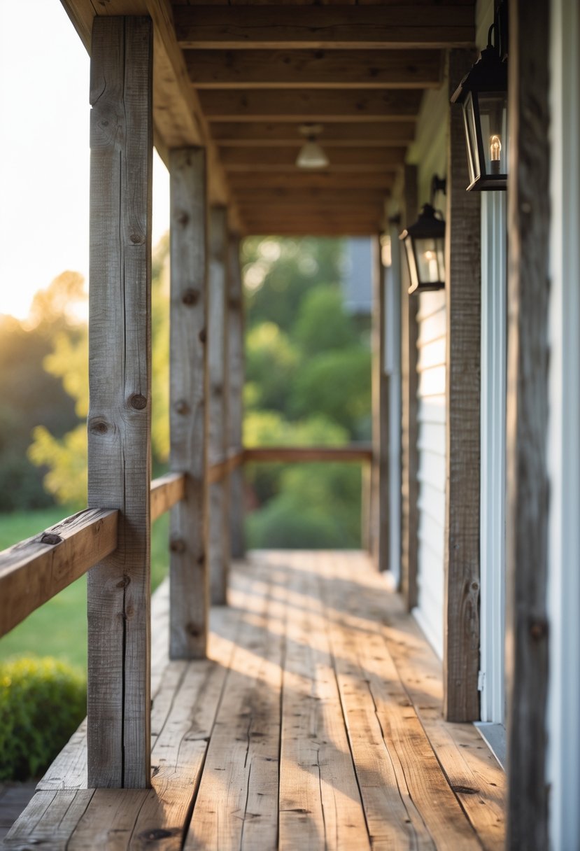A porch with thirteen wooden railings made from reclaimed wood beams, overlooking greenery near a farmhouse.
