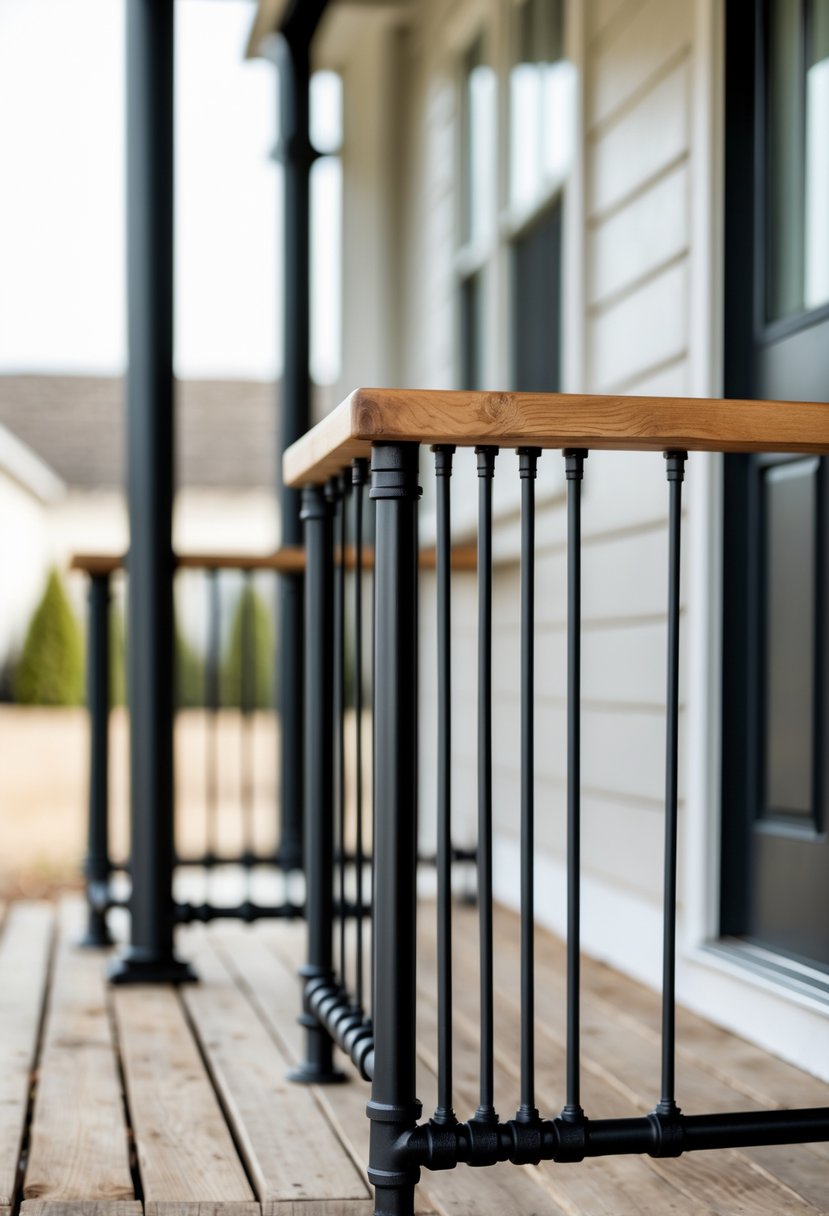 A farmhouse porch railing made of black metal pipes with a wooden handrail on a wooden porch floor.