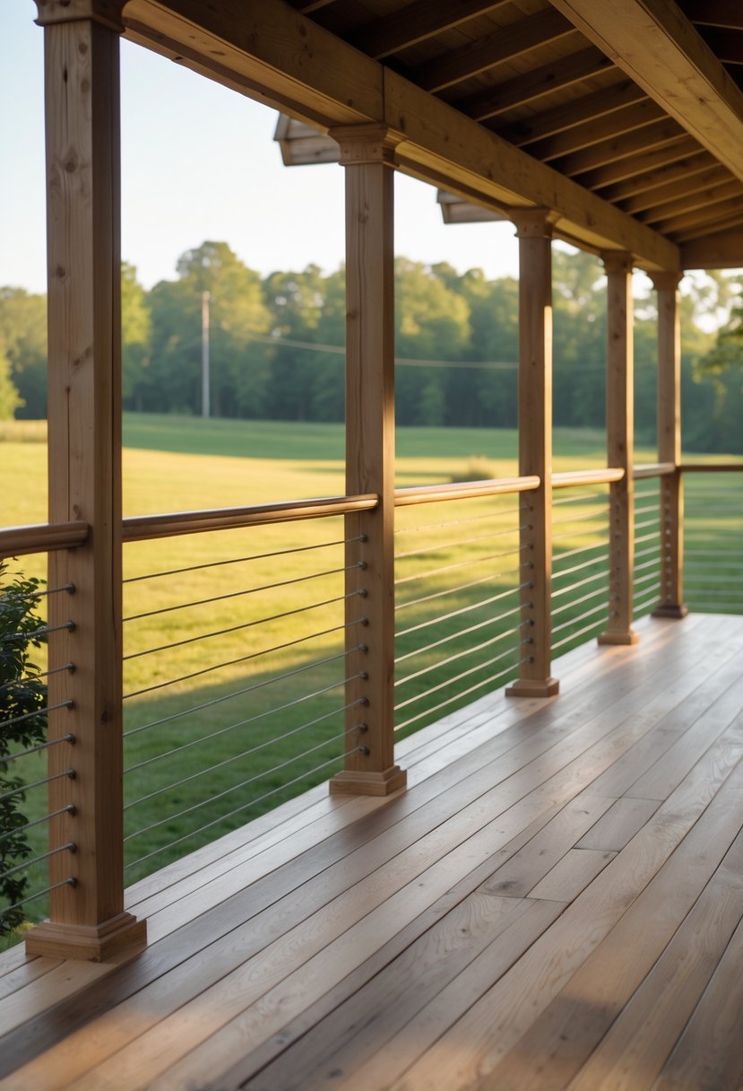 Farmhouse porch with wooden posts and cable wire railing overlooking a green rural landscape.